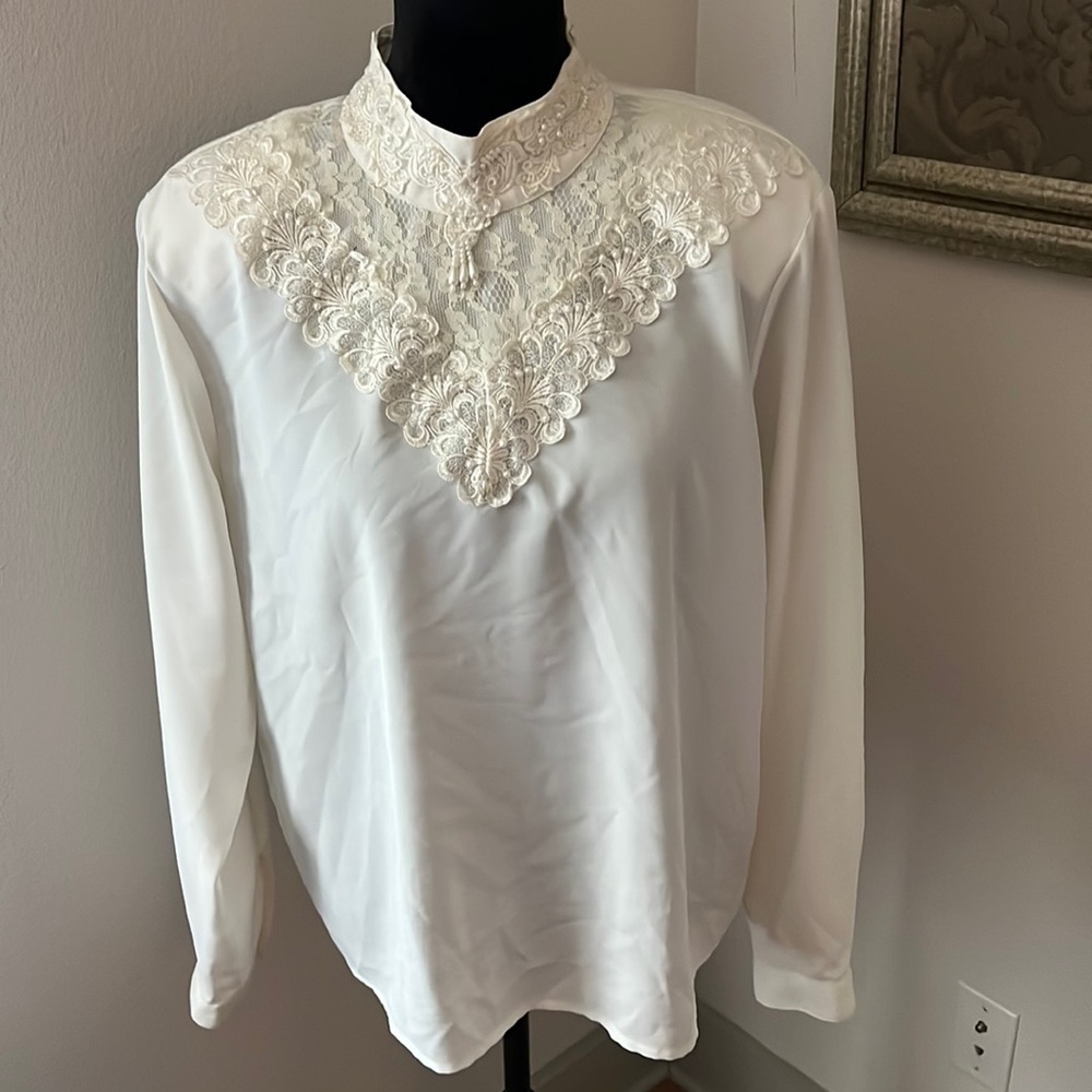 Karen Scott lace beaded high collar long sleeves‎ vintage top blouse Sz 14